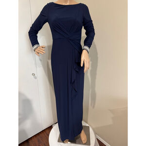 Vince Camuto rhinestone trim Maxi Dress twist bodice front slit Sz 2P Navy Blue